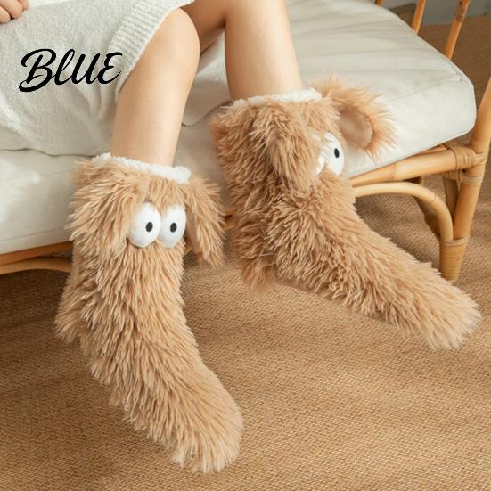 Soft Fuzzy Socks for Sleeping 2 Pairs Cute Big Eye Monster Plush Floor Socks Non-Slip Cozy Thermal House Indoor Slipper Women Warm Winter