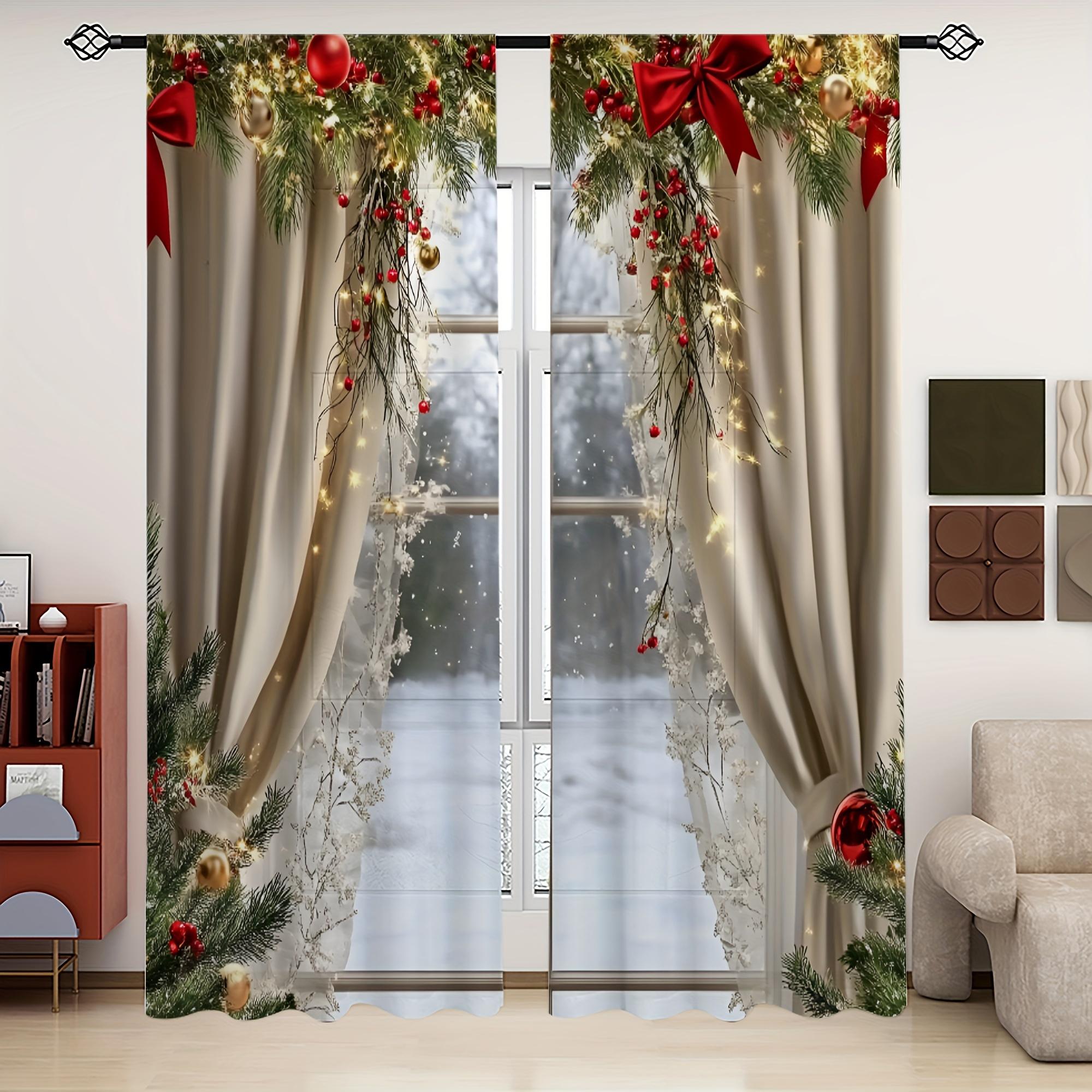 

2 шт. Рождественский принт полупрозрачные красные шторы с карманами на штанге для гостиной, спальни, игровой комнаты, декор, стираемые в стиральной машине шторы 100W130H(CM)&Rod Pocket