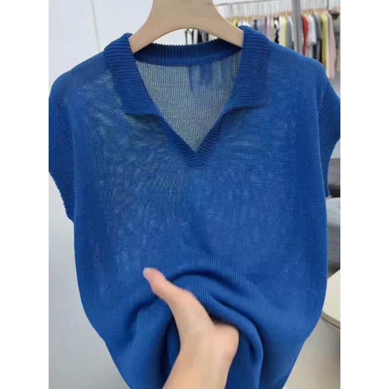 

Women s Summer Peacock Blue Knit Polo V Neck Sleeveless Sheer Top M синий