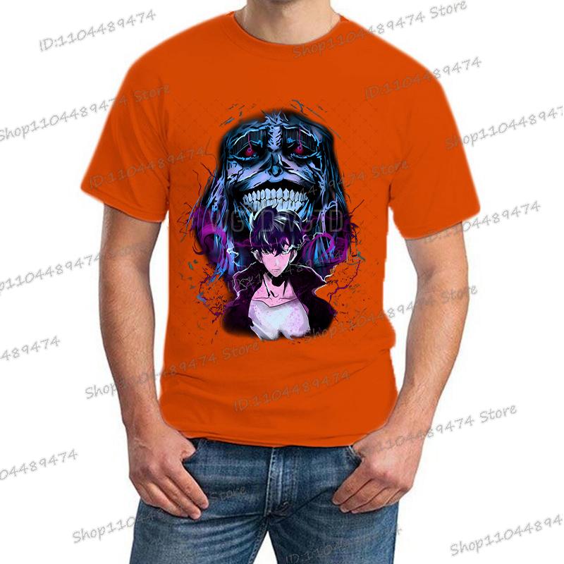 Japanese Anime Solo Leveling T Shirt Men Sung Jinwoo God Statue Cartoon Graphic Tees Harajuku Short Sleeve High Quality Tshirt