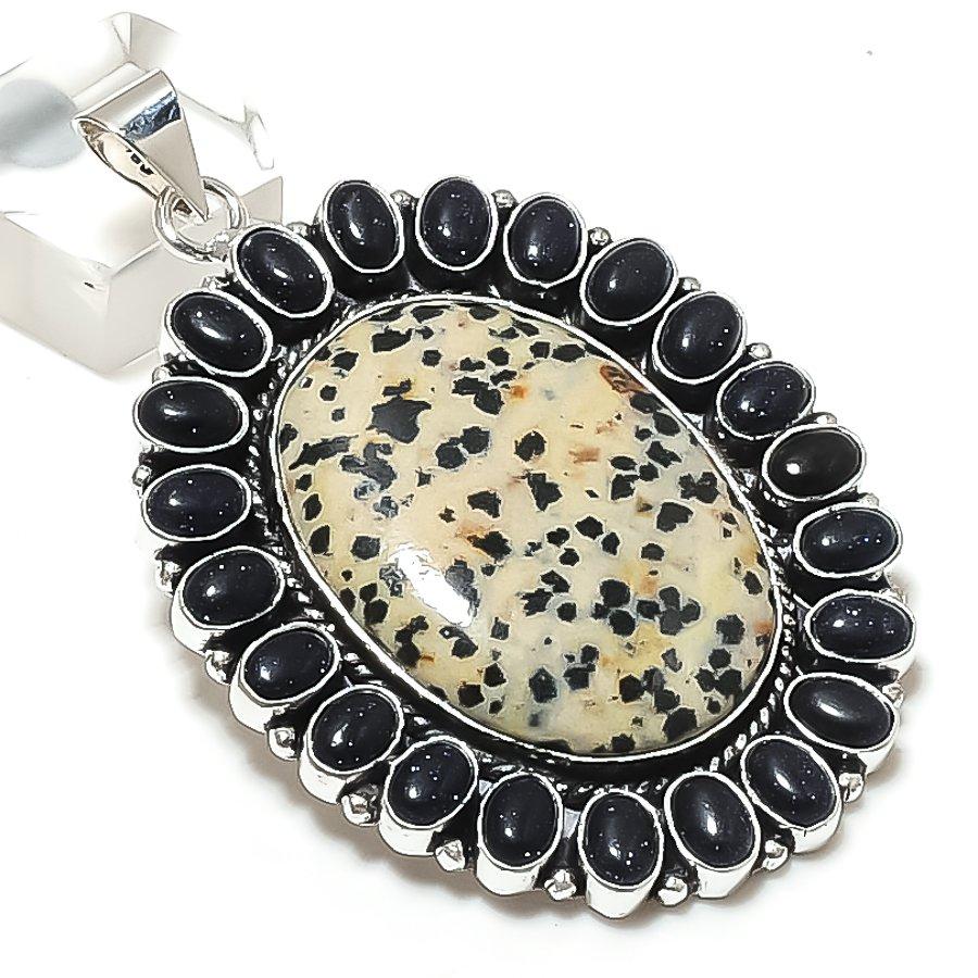 Natural Dalmation Jasper, Onyx 925 Sterling Silver Jewelry Pendant 2.76" ETC-13794