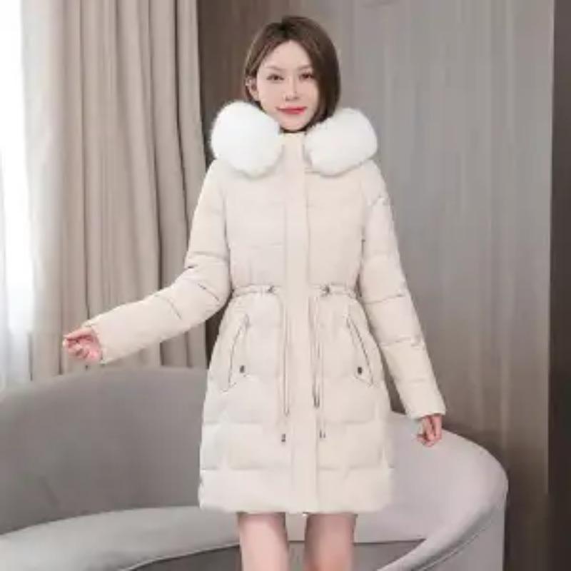 Winter Damen Neu Elegant Parkas Midi Slim Mode Koreanisch Großer Pelzkragen Reißverschluss Kordelzug Klassisch Alleskönner Warm Daunenjacke