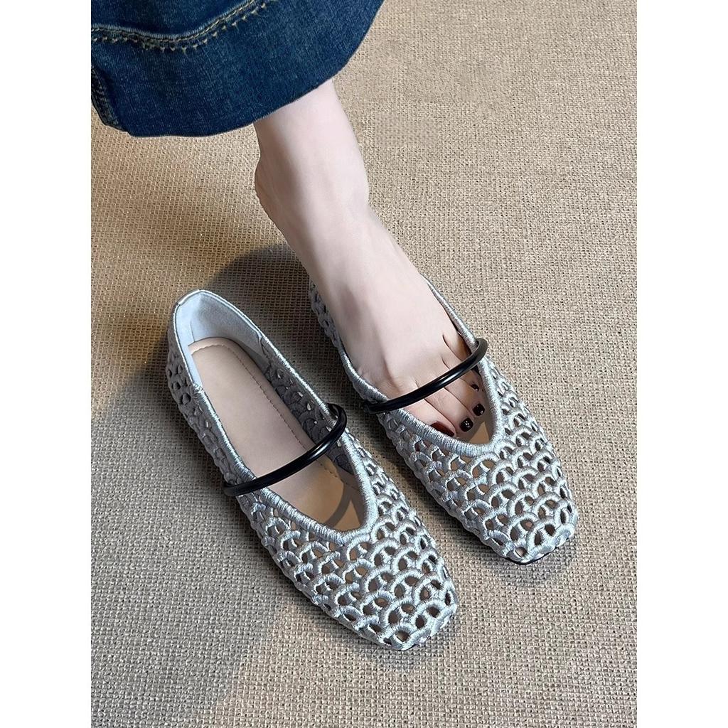 French hollow single shoes women's flat bottom 2025 summer new versatile woven breathable word with shallow mouth Mary Jane shoes