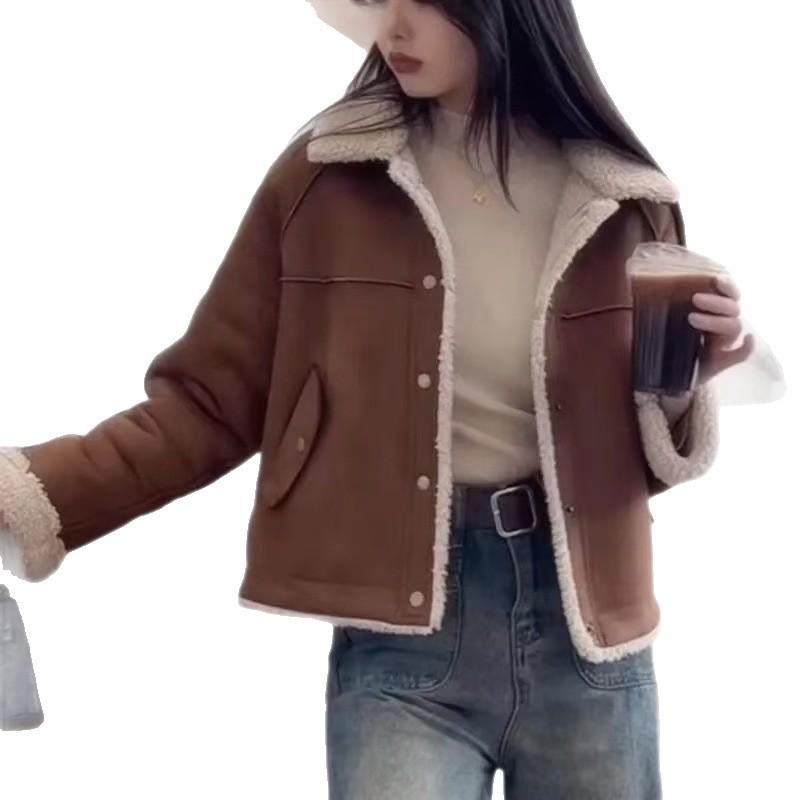 Women's Maillard Color Lambswool Cotton Padded Jacket - Short, Loose, Thick, warm, Fall/Winter Style