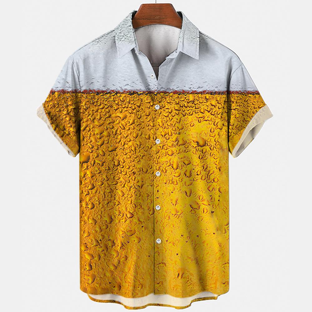 Hawaiian Beach Harajuku Shirts For Men 3D Print Beer Short Sleeve Tees Summer Vacation Style Single-Breasted Tops Lapel