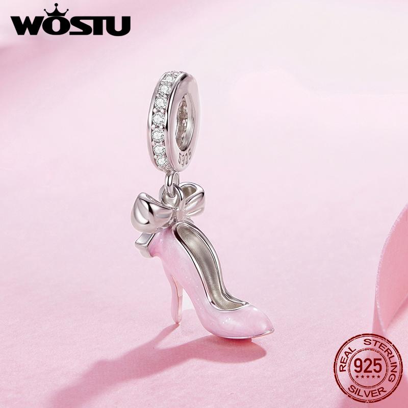 WOSTU 925 Silver Pink High Heel Charm Champagne Pendant Cherry Bead Fit Bracelet Necklace Sweet Girl Birthday DIY Jewelry Gift