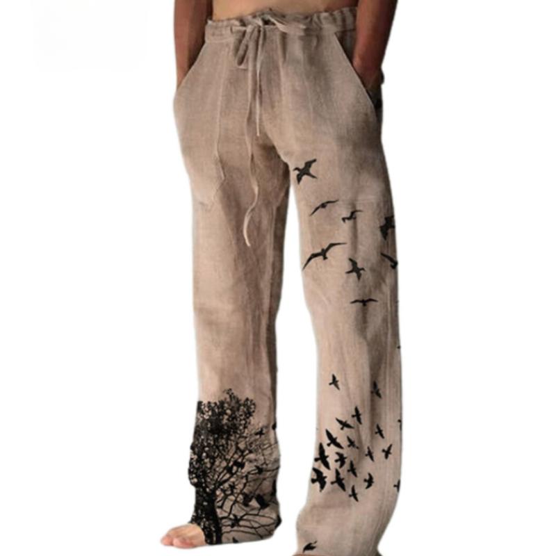 Nové kalhoty 3D kreativní potisk ležérní pánské volné stahovací lněné kalhoty se širokými nohavicemi