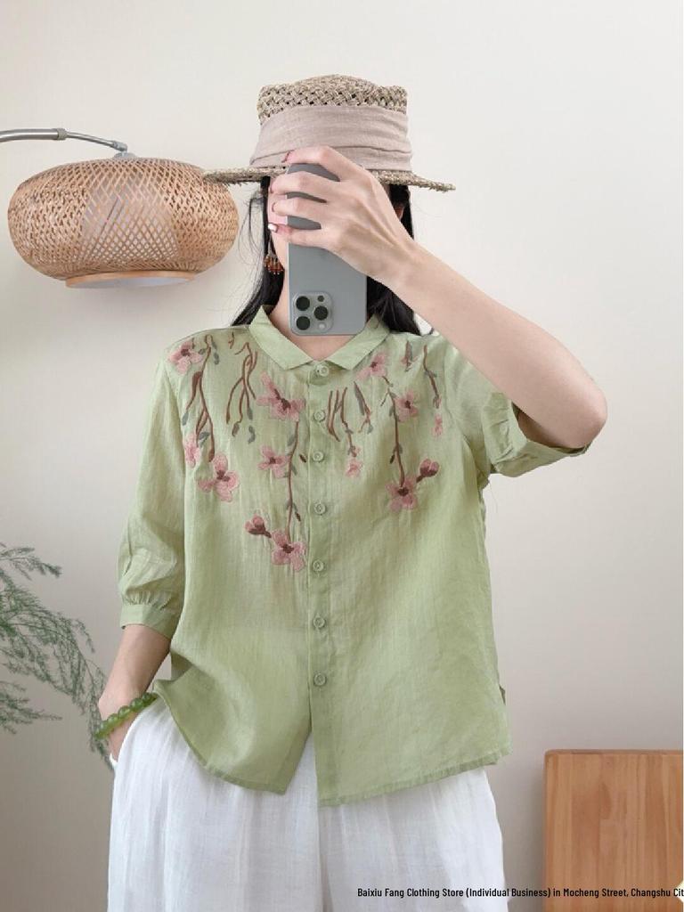 2026 Summer Women's Artistic Embroidered Linen Shirt: Chinese Style, National Flair, Small Lapel, Five-Point Sleeves