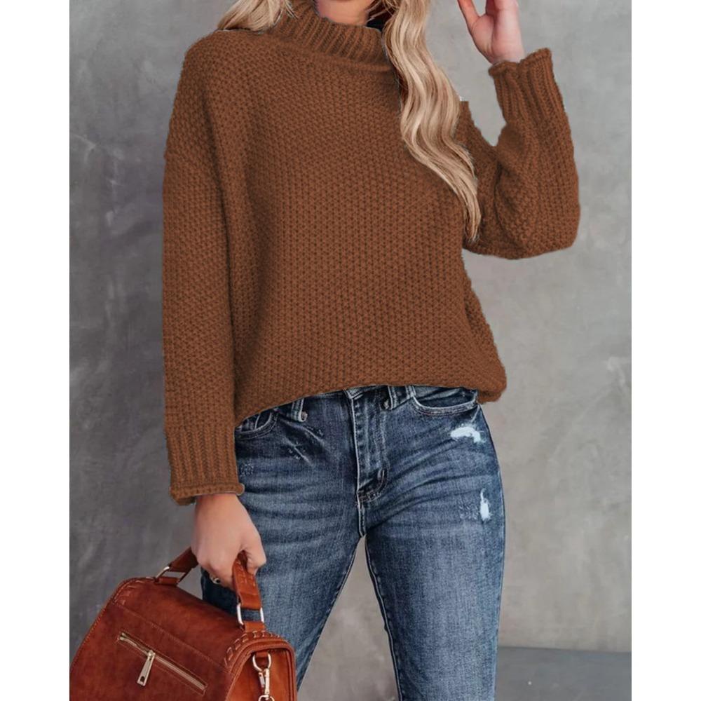 New Autumn and Winter Knitted Sweater, Solid Color High-neck Casual Loose Sweater Pullover