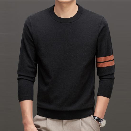 Men Fall Winter Sweater with Stretchy Cuffs And Hem Round Neck Thickened Keep Warm Solid Color Long Sleeves Mid Length Top