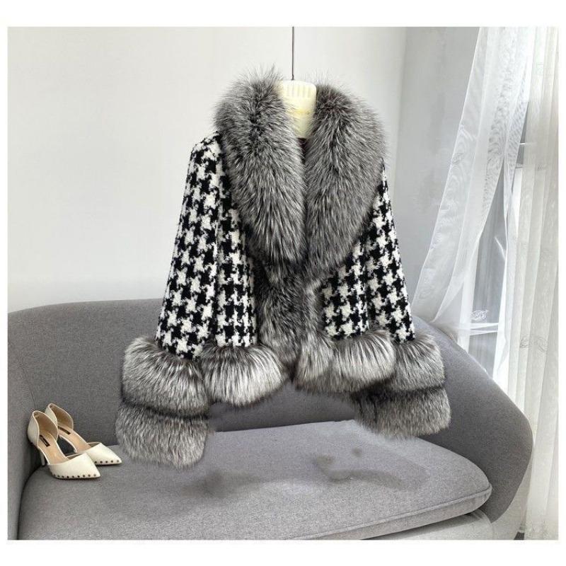 

Новая модная легкая короткая тысячеячеистая куртка с большим меховым воротником из искусственного меха чернобурки, женская одежда M 80-50 kg