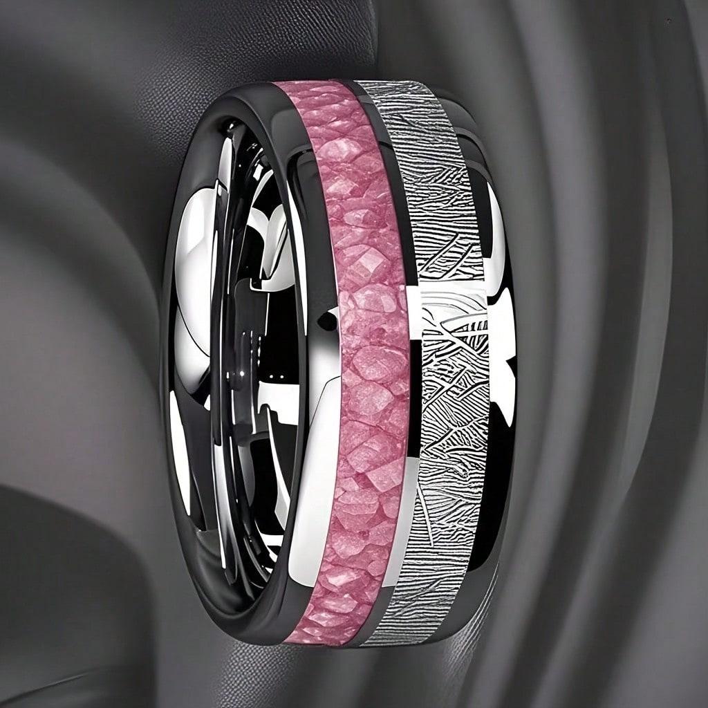 Fashion 8mm Silver Color Men Stainless Steel Rings, Pink Rose Abalone Shell Meteorite Inlay Rings for Men Women, Wedding Jewelry