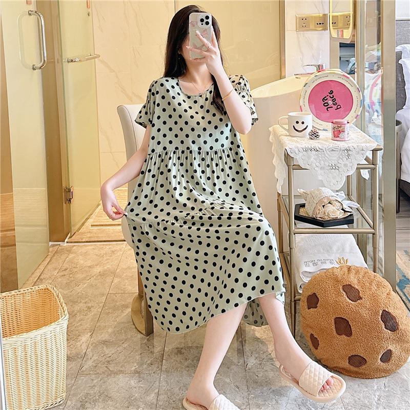 Cotton and Silk Nightgown Women's Summer Short-sleeved Large-size High-end Printed Maternity Pajamas Can Be Worn Outside Long Loungewear