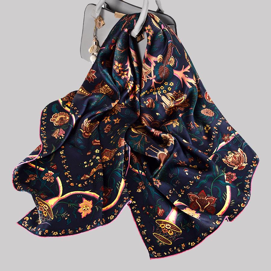 

BYSIFA|Winter Gold Green Natural Pure Silk Scarf Shawl Fashion Floral Design Scarves Hijabs Brand Accessories Scarf Cape 110*110