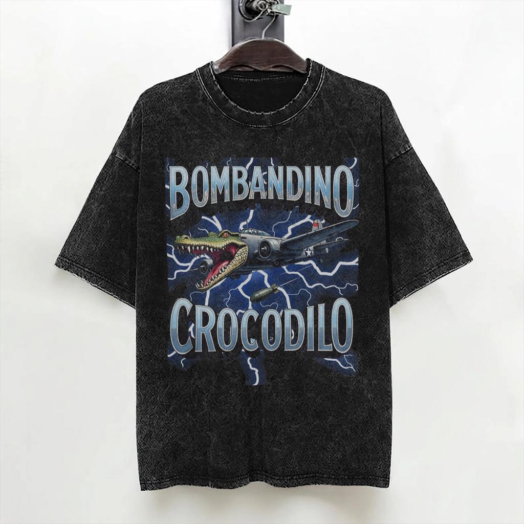 Bombardino Crocodilo Italian Brainrot Washed T Shirt Streetwear Hip Hop Casual Tshirt  Tees Men Women Short Sleeve Oversize