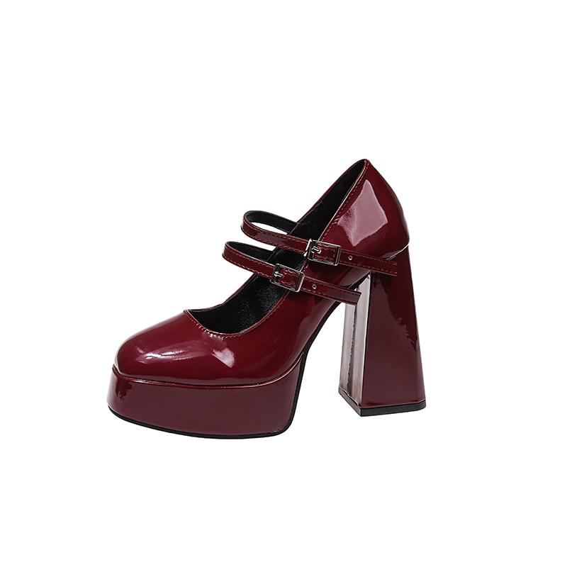 Versatile Platform High Heel Mary Jane Shoes Women s French Buckle Block Heel Small Leather Shoes 35 вино красного
