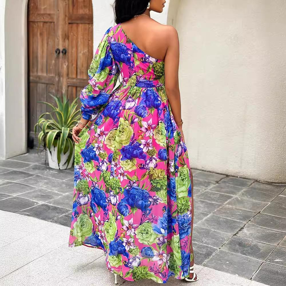 Women's Fashion Strapless Long Lantern Sleeve Printed Dresses