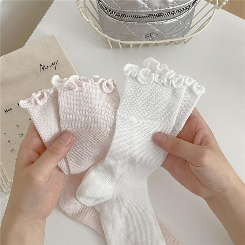 Thin Lace Socks Women'S Summer Hollow Mesh Boneless Pile Socks Wind Fungus Edge Socks Solid Color Mid-Tube Socks