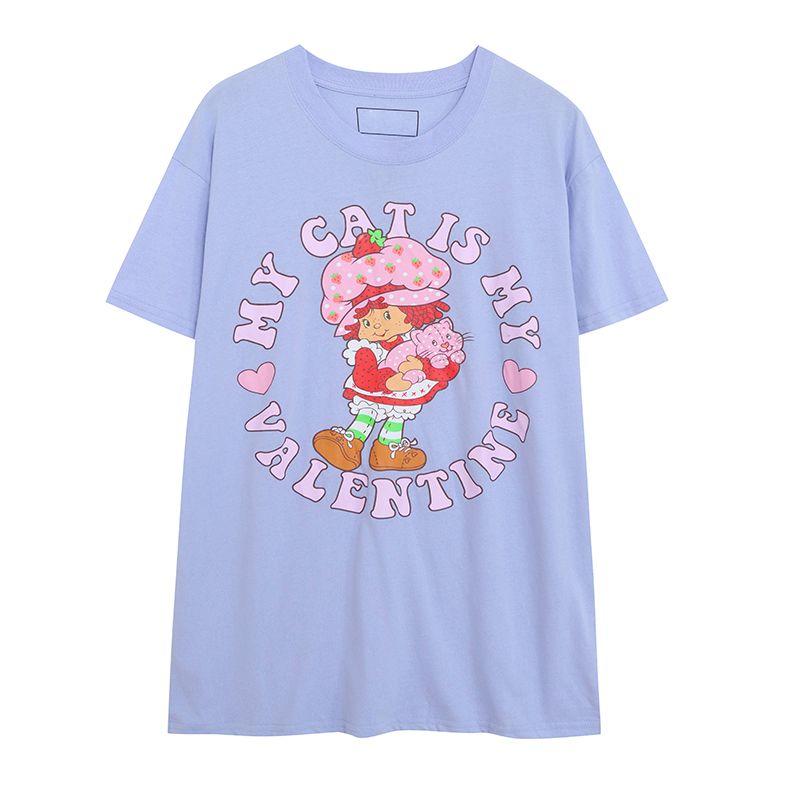 

Экспорт Летняя Футболка с Принтом Письма Девочка-Клубничка Женская Средней Длины Длинная Длина Приталенная Повседневная Удобная С Коротким Рукавом Топы Моложе Slight Flaw M