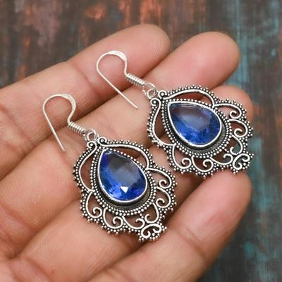 Attractive London Blue Topaz Gemstone Solid 925 Sterling Silver Handmade Jewelry Earring