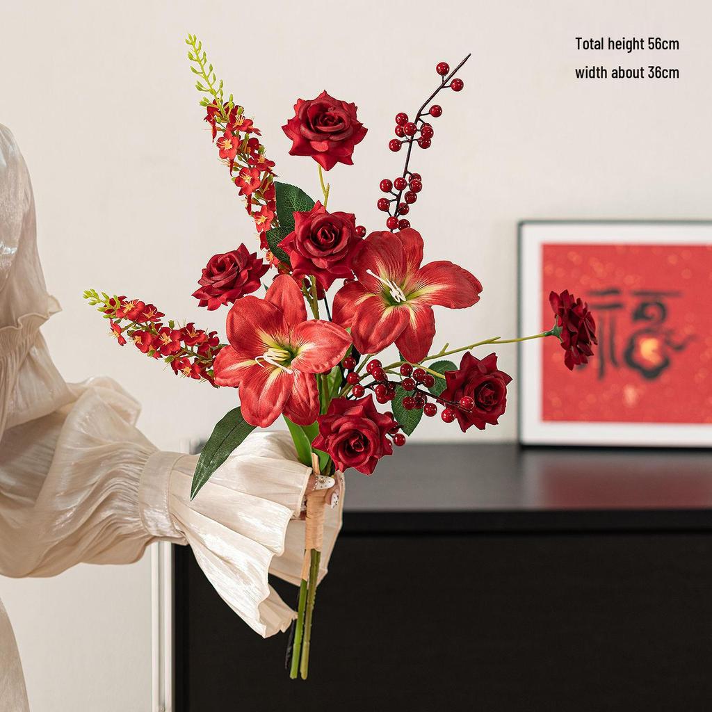 Spring Festival Red Fruit Faux Flower Arrangement for New Year, Wedding, Living Room, or Dining Table Décor