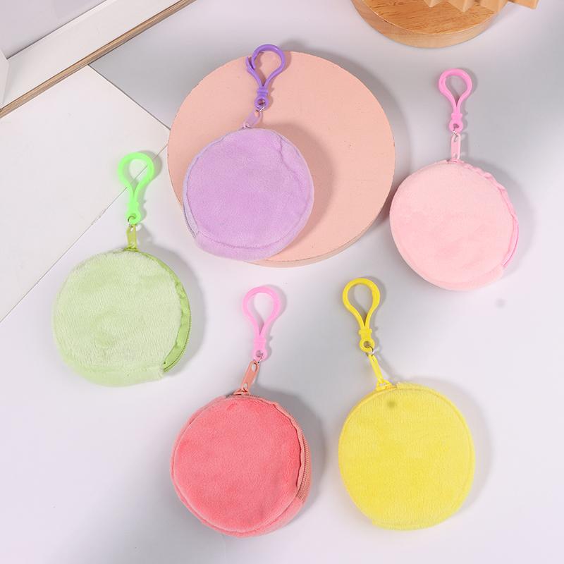 Candy Color Round Plush Coin Purse Women Cute Solid Color Change Pouch Wallet Keychain Portable Earphone Storage Bags