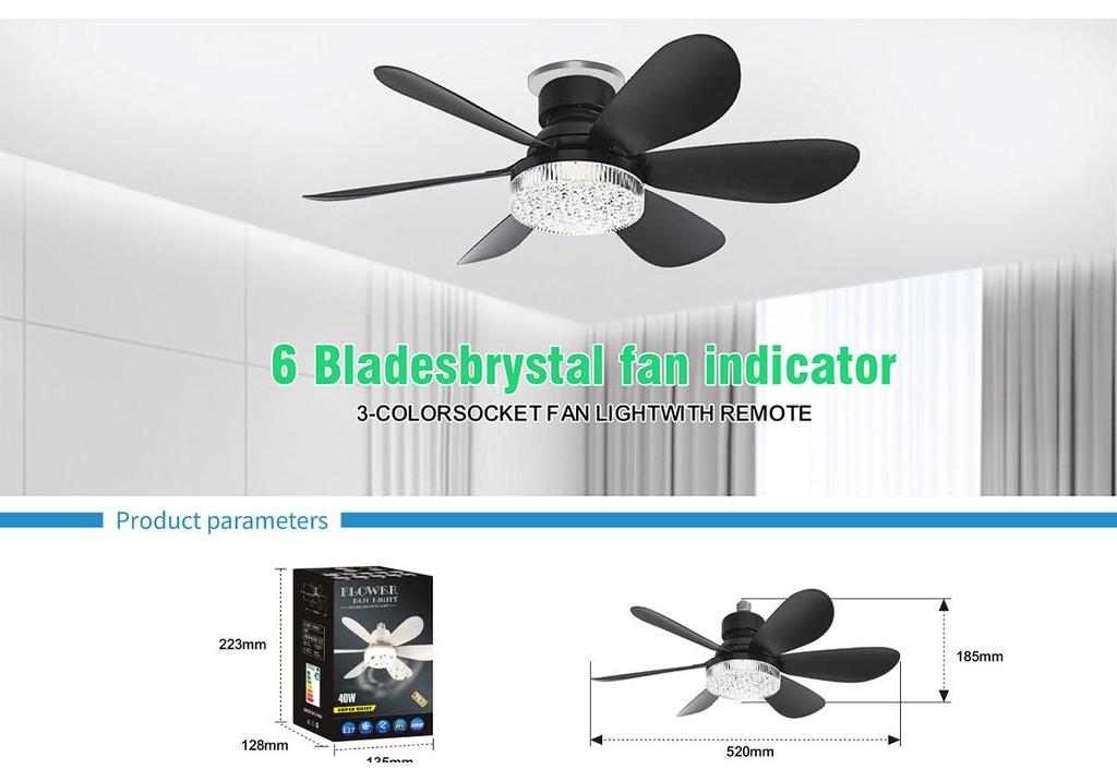 E27 Crystal Ceiling Fan Light with Remote Control - LED Six-Blade for Bedrooms