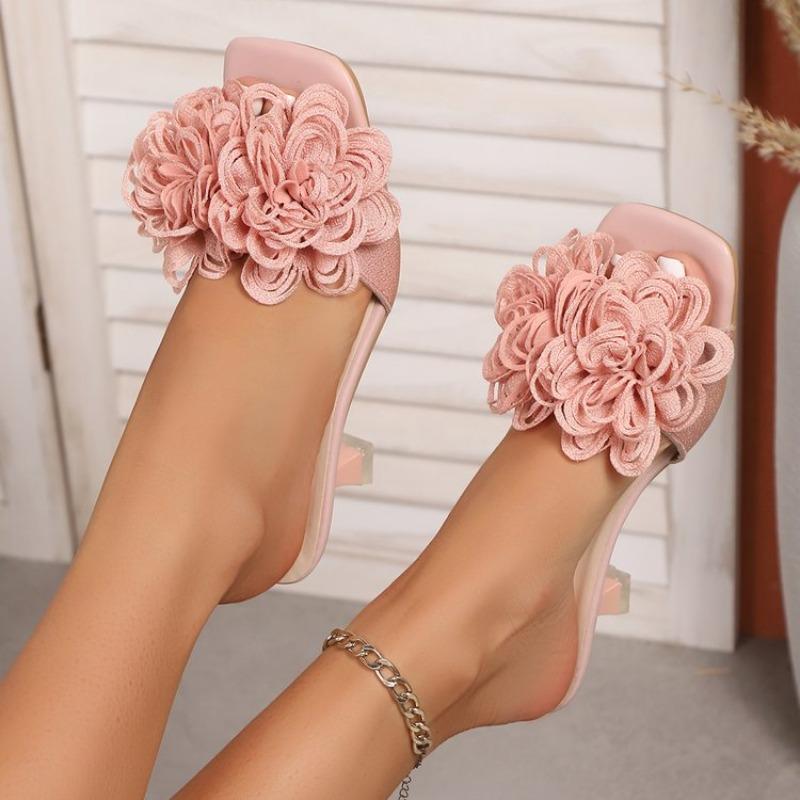 Plus Size Cool Drag Women's Summer New Square Toe Open Toe Outside Wear Flower Soft Sole Flat Slip Beach Shoes