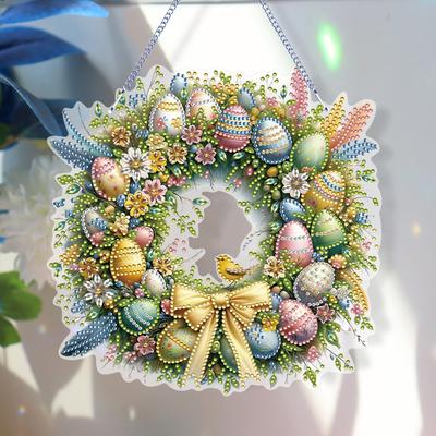 Pendentif Suspendu Art Diamant Unilatéral Couronne de Pâques Faite à la Main Pendentifs de Fenêtre Art Diamant Strass Décor Mural Poule Lapin