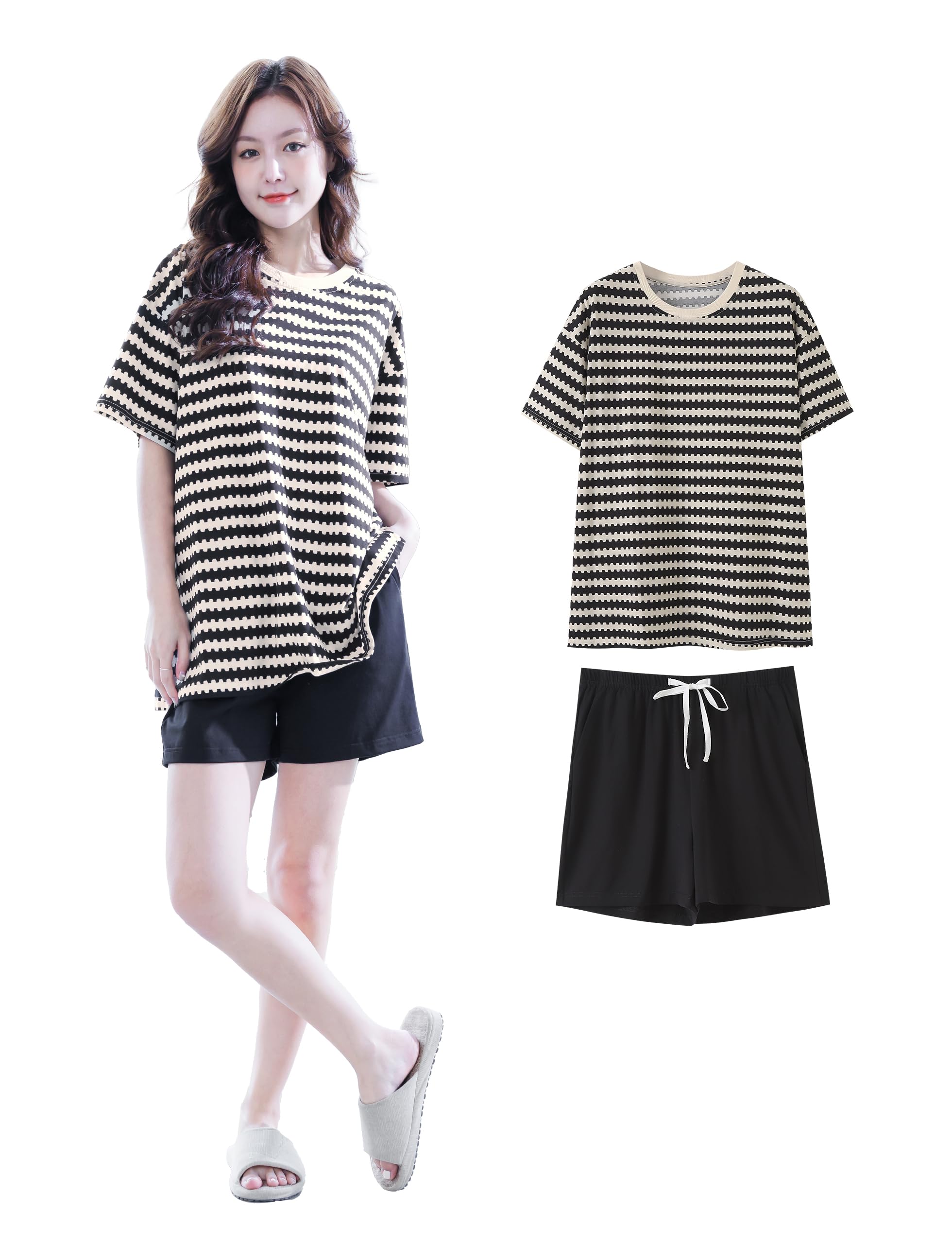 

Minizaru Loungewear Pajamas Short Stretch 101 Women s Set, Sleeves, Cute, Cooling, Cotton, Spring/Summer (Size L)