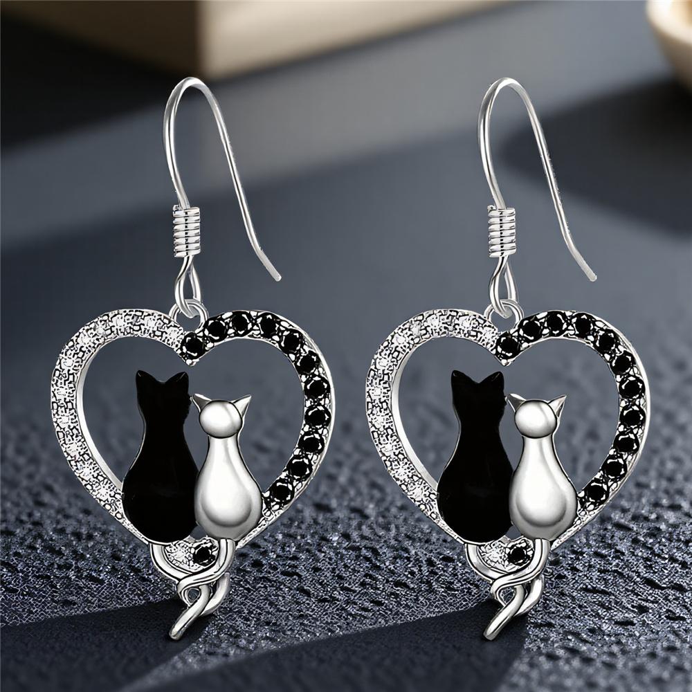Charm Female White Black Zircon Stone Cat Animal Drop Earrings Cute Trendy Bridal Silver Color Dangle Wedding For Women