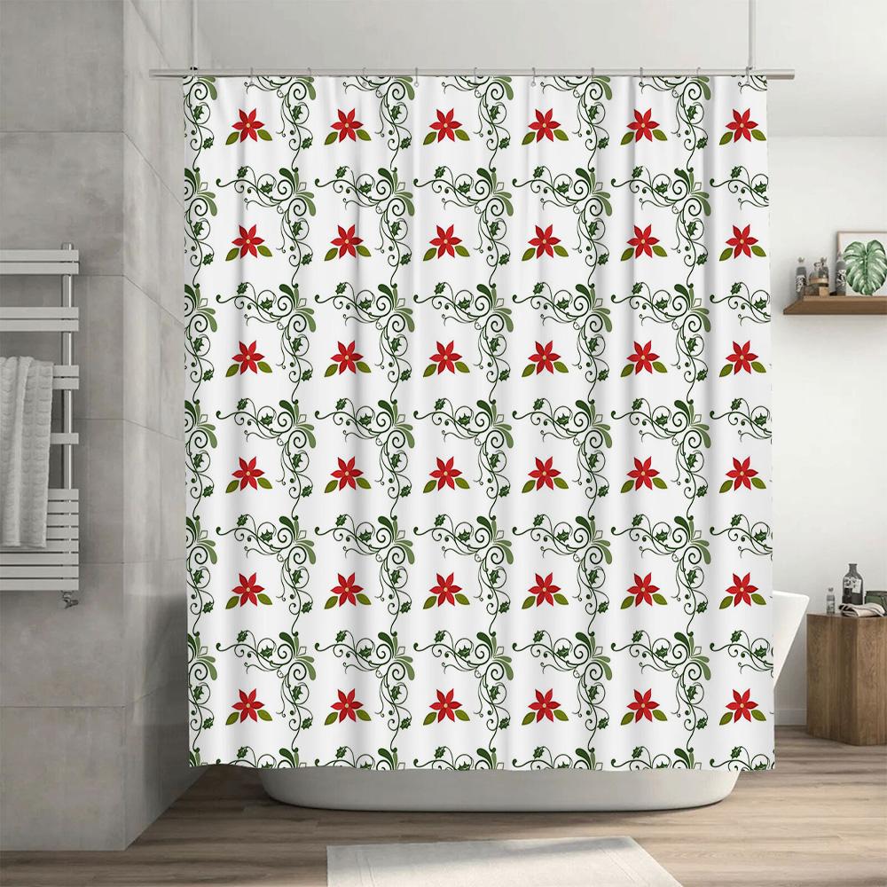 Red Floral Shower Curtain Printed with Green Vine Pattern Decorate Your Bath in Style