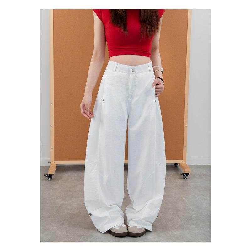 Women Curved Leg Pants High Waist Loose Wide Leg Cargo Pants Rivet Solid Color