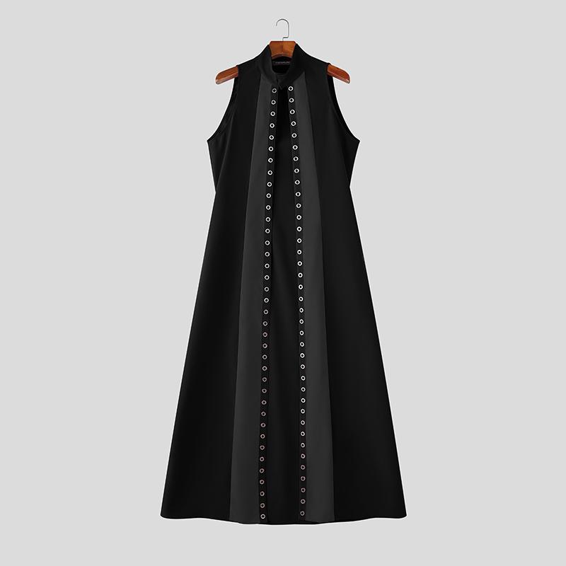 INCERUN Men Stand Neck Sleeveless Open Front Eyelet Casual Cosplay Long Vest Cardigan