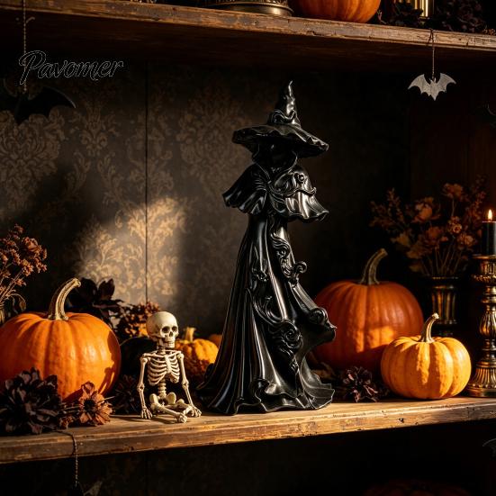 Dark Aesthetic Shelf Ornaments 12 Inch Black Resin Faceless Witch Figurine, Gothic Spooky Robed Statue with Halloween Party Centerpieces Pointed