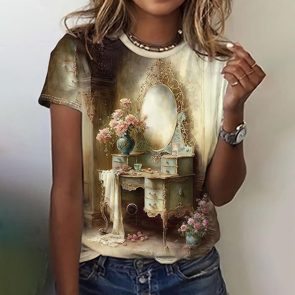 Summer Women T-Shirts Short Sleeved Art Vintage Print T Shirts Fashion Women's T-Shirts Oversized Retro Top Female Clothing