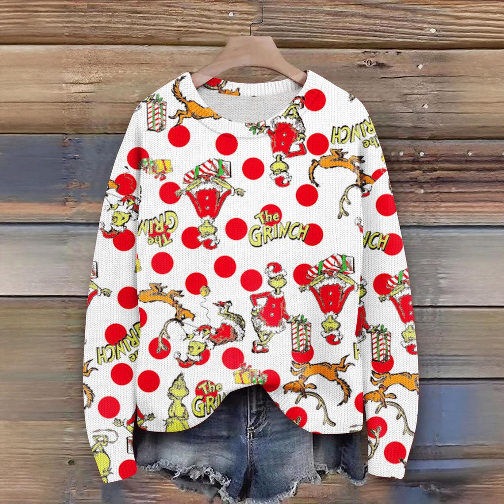 Long Sleeve Pullover Sweaters For Women O Neck Casual Cute Printing Knit Oversized Sweater