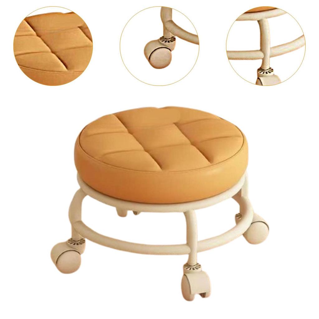 Roller Seat Rolling Stool Round Low Height Foot Rest with Wheel PU Leather for Living Room Bedside Porch Salon Pedicure Home