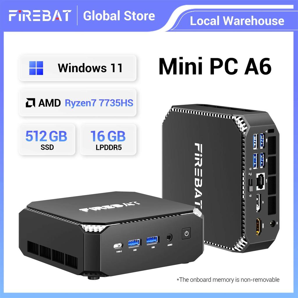 Firebat A6 Mini PC AMD Ryzen7 7735HS 8-core 16-thread Computer 16GB LPDDR5 RAM 512GB SSD WiFi 6 BT5.2 Mini PC 4K Windows11 Desktop Computer
