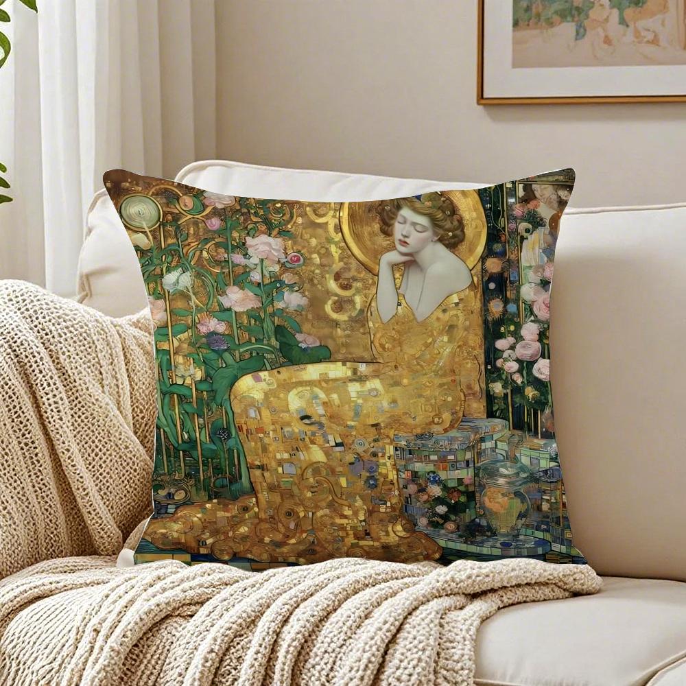 Art Luxurious Gustav Klimt Oil Painting Cushion Cover Linen Pillowcase Soft For Sofa Bed Home Room Decor