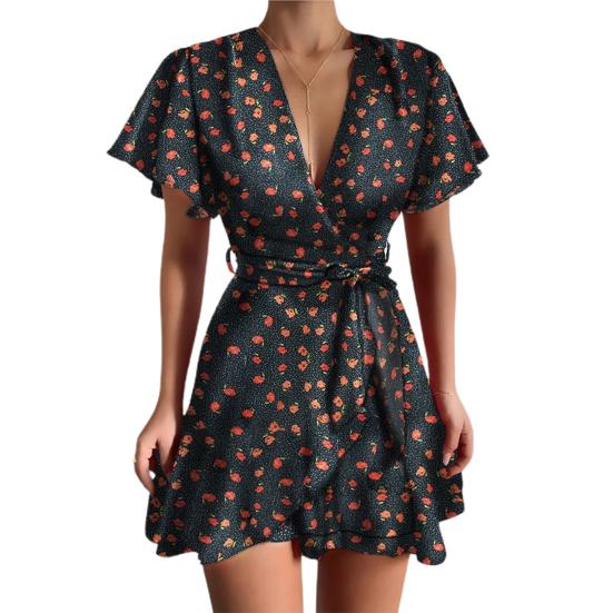 Women Deep V Neck Short Dress Sweet-style Large Hemline Charming A-line Slim Effect Floral Print Summer Sexy Mini Dress