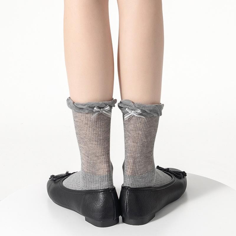 

Женские весенне-летние носки с бантиком на пятке, бесшовные цельнокроеные машинной вязки, лолита-миди 1 pair серый