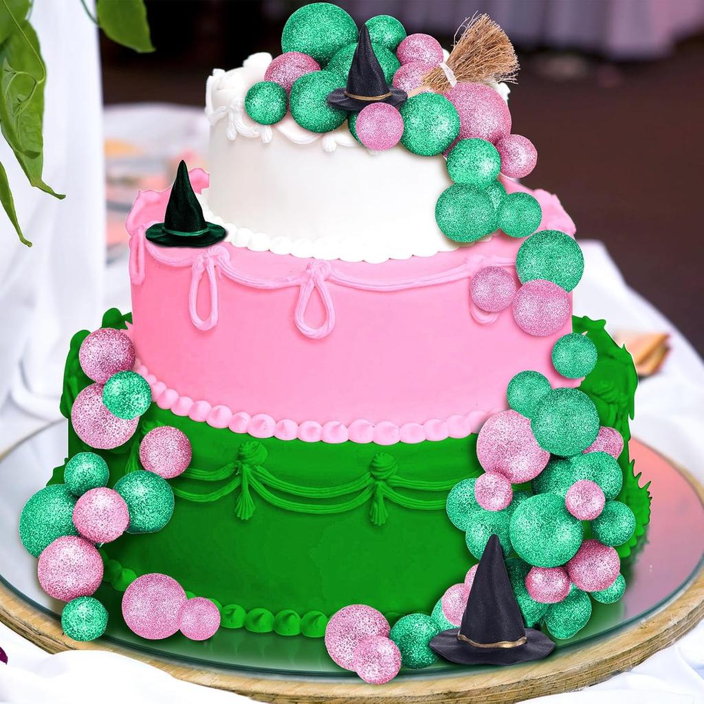 44pcs Witch Cake Toppers Set, Witch Hat & Broom Cupcake Decorations, Green Pink Balloons for Halloween Birthday Cake Decor