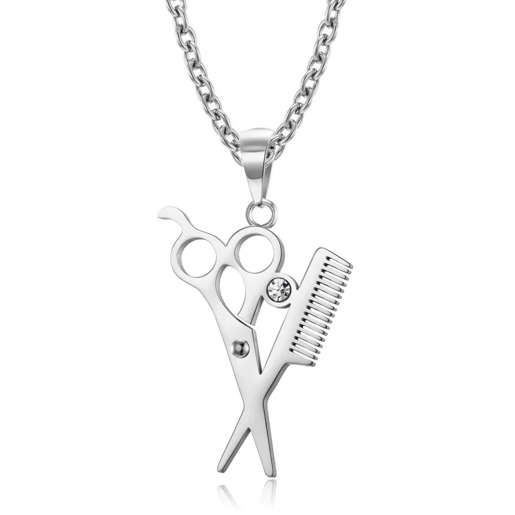 Hairstylist Scissors Comb Pendants Necklaces Stainless Steel Men Personalized Versatile Haircut Necklace Fashion Jewelry Gift