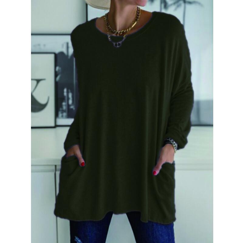 Women's Clothes Autumn Spring Long Sleeve Crew Neck T-shirt Long Sleeve Blouse; Pocket T Shirts for Women; Loose Fit Tops