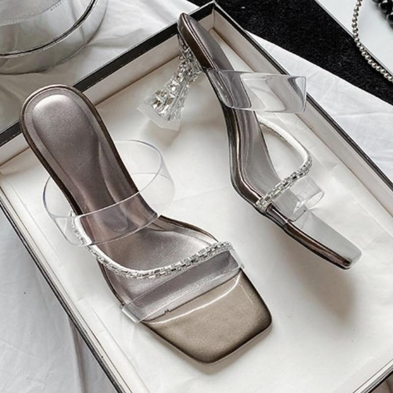 Neue Sommer Sexy Mode Zehenfrei Damen Sandalen Wasser Diamant Glänzend Quadratisch Kopf Bankett Damen High Heels Design