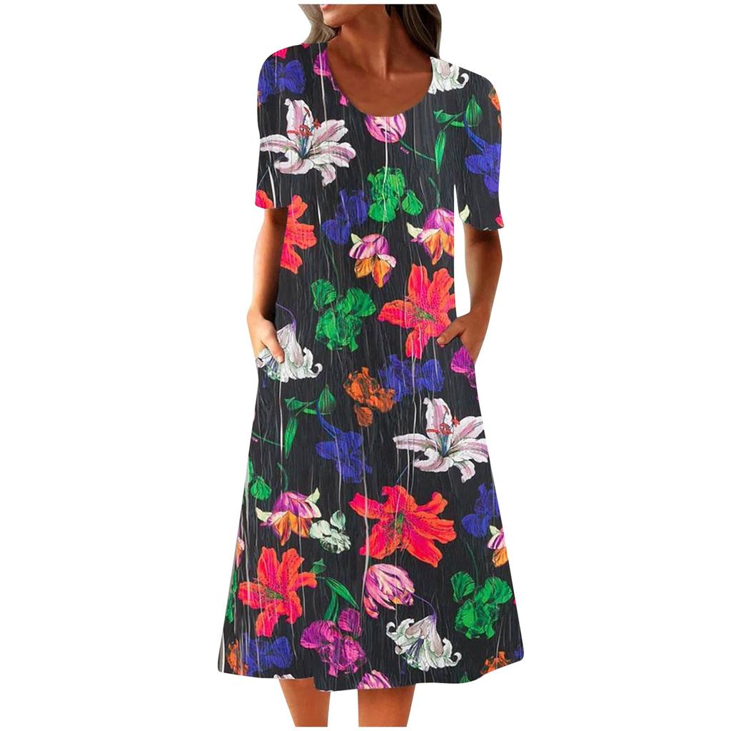 Women's Summer Casual Fashion Round Neck Printed Short Sleeve Dress With Pockets