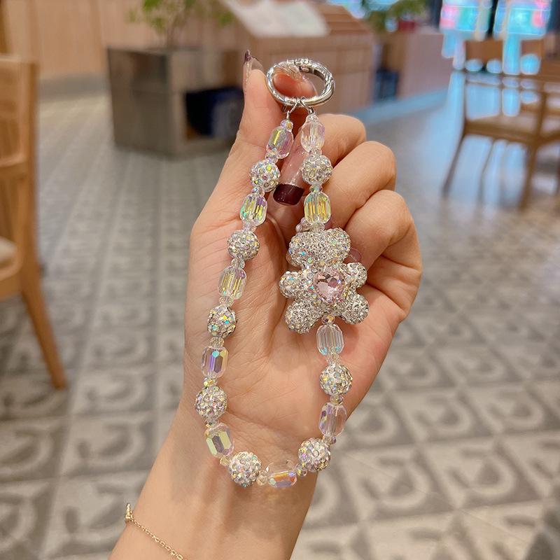 Clay Bear Rhinestone Keychain: Exquisite Crystal Beaded Bracelet Charm for Bags & Keys