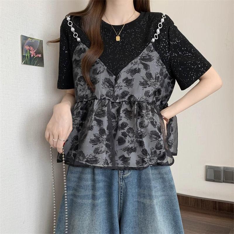 Summer French and Western Style Fake Two Short Sleeved T-shirts for Women's Unique Tops
