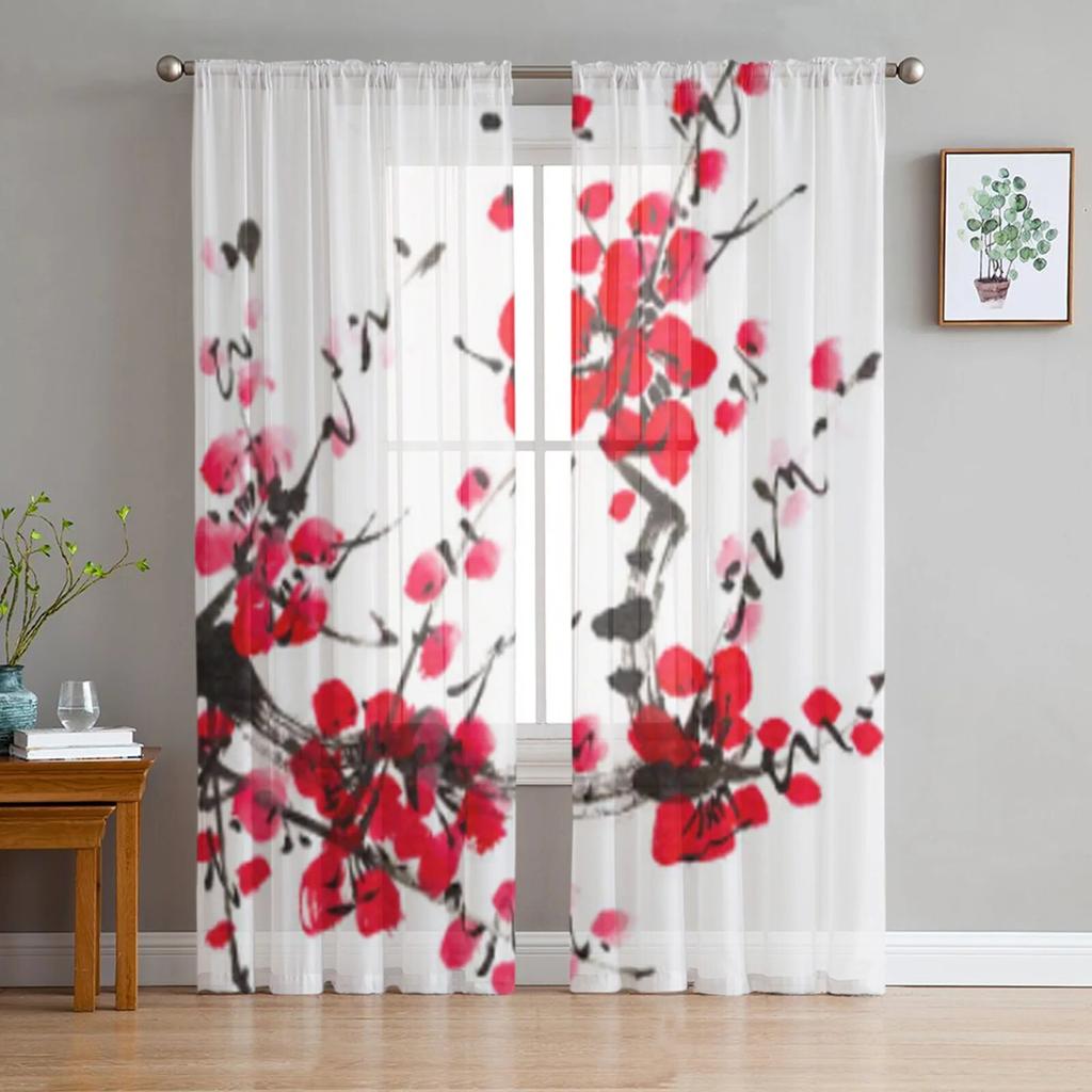 Spring Cherry Blossom Branch Tulle Sheer Curtains for Living Room Bedroom Kitchen for Windows Voile Drapes Home Decoration